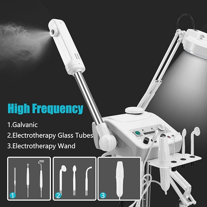 Professional 4in1 Ozone Face Steamer for Deep Hydration with Magnifying Lamp, High Frequency Galvanic for Beauty Spa Shop