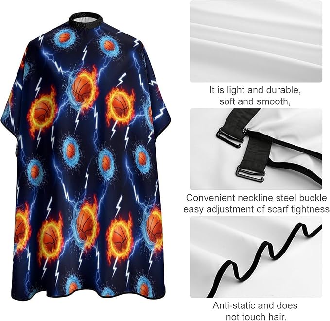 Men Women Adults Water Fire Flame Basketball Print Black Hair Dressing Gown Cape, Extra Large Hairdressing Apron for Barber Salon, Easy Clean