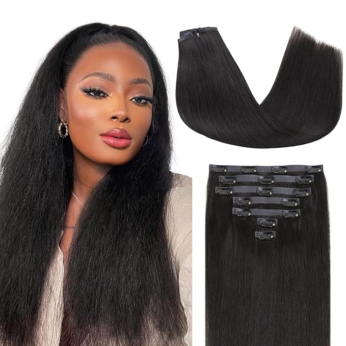 Lashey Seamless Clip in Hair Extensions Human Hair 7pcs 110g Light Yaki Straight Clip ins with PU Weft 22 Inch Natural Black Human Hair Clip in Extensions for Women