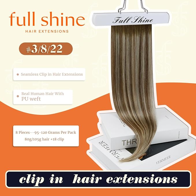 Full Shine Clip in Hair Extensions Brown Ombre Real Hair Clip in Extensions Light Brown Mix Blonde Seamless Human Hair Extension for Women Ease of Use 14 Inch 8 PCS 120G