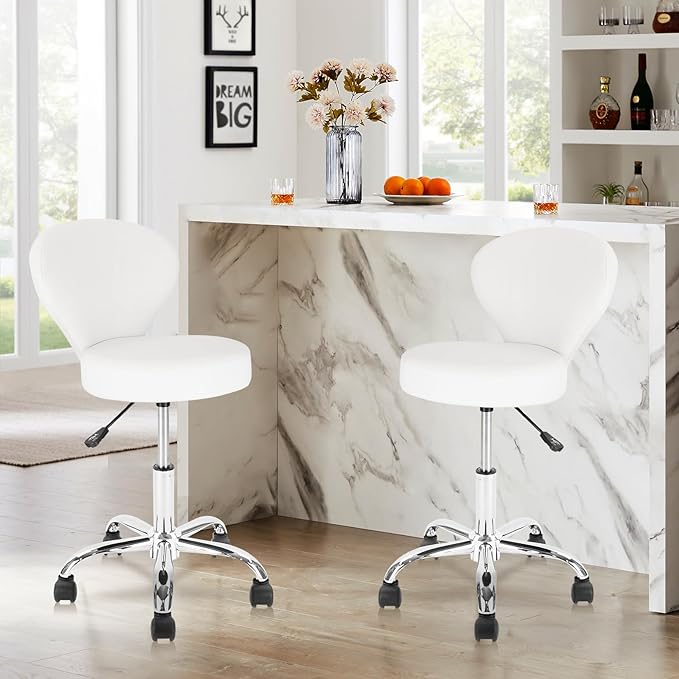 Set of 2 PVC Faux Leather Rolling Swivel Salon Stool Chair with Back Support Adjustable Hydraulic Seat Height 22 in Diameter 15 Inch for Facial Spa Medical Tattoo Beauty Barber White 2 Pack