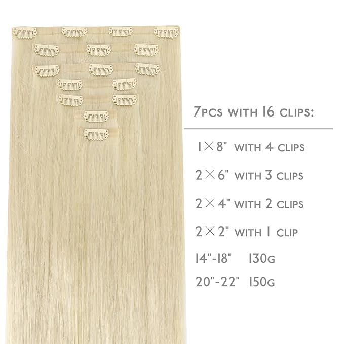 WENNALIFE Seamless Clip In Hair Extensions Human Hair, 14 Inch 130g 7pcs Bleach Blonde Real Hair Extensions Clip in Human Hair Invisible PU Skin Weft Natural Remy Human Hair Extensions