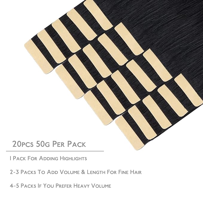 WENNALIFE Tape in Hair Extensions Human Hair, 20pcs 60g 26 inch Jet Black Remy Hair Tape in Extensions Skin Weft