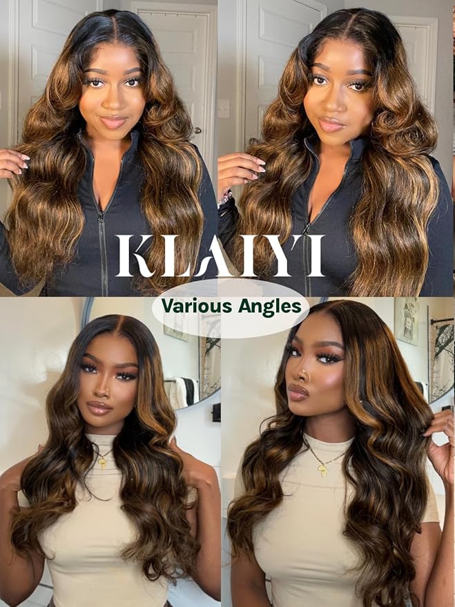 KLAIYI Pre Everything 13x4 Glueless Wig Ombre Brown Body Wave Pre Cut Lace Front Wigs Human Hair Pre Plucked Pre Bleached Wear and Go Wig with Dark Roots 12A Highlight Balayage 3S Ready To Wear 18Inch