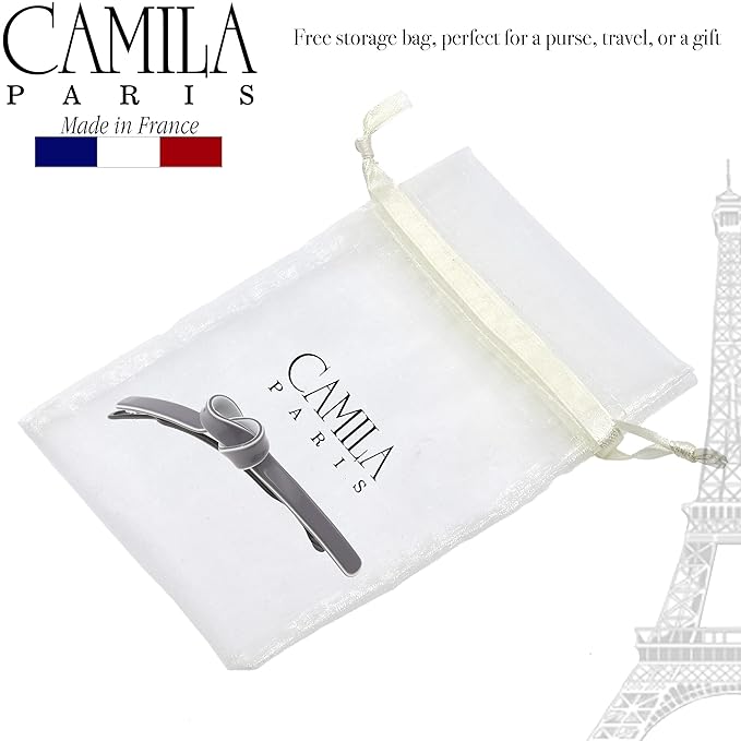 Camila Paris CP3354 French Hair Barrette Clip for Girls, Handmade, Gray/White, Metal-Free Closure Strong Hold Grip Hair Clips for Women, No Slip Durable Styling Girls Hair Accessories, Made in France
