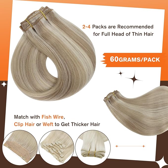 Full Shine Blonde Extensions Clip in 20 Inch Golden Blonde Highlights Medium Blonde Real Human Hair Clip in Straight Hair Clip Ins Lace Weft for Long Hair 3 PCS 60 G