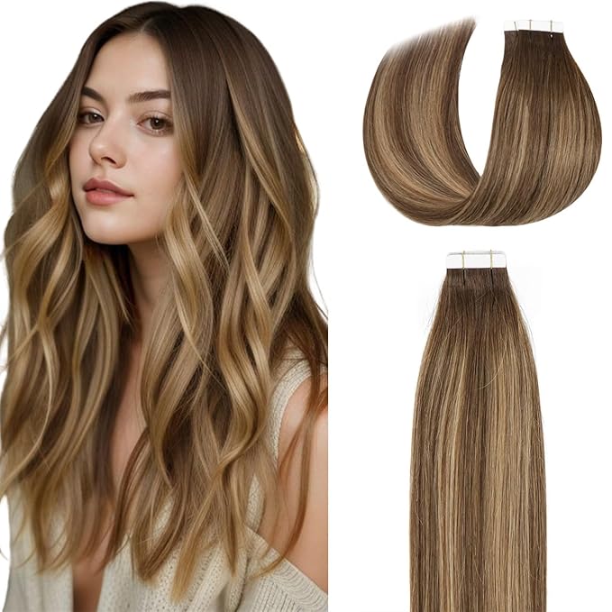 Lacer Tape in Hair Extensions Chocolate Brown to Dark Caramel Blonde Adhesive Tape in Hair Extensions Remy Human Hair 20 Pcs 50 Grams 22 Inch