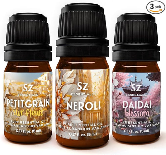 Neroli Soul Trip Essential Oils Collection- Neroli + Petitgrain Sur Fleurs + Dai Dai Blossom -Set of 3 Bottles (0.17 Fl Oz- 5ml each)- 100% Pure & Undiluted - Therapeutic Grade & Vegan