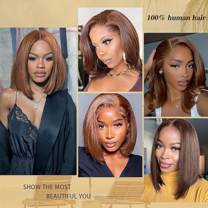 Short Bob Wig Human Hair Straight 4x4 HD Transparent Lace Front Wigs 100 Percent Real Human Hair Chocolate Brown Bob Wig for Women Pre Plucked 180% Density Brown Color 12 Inch