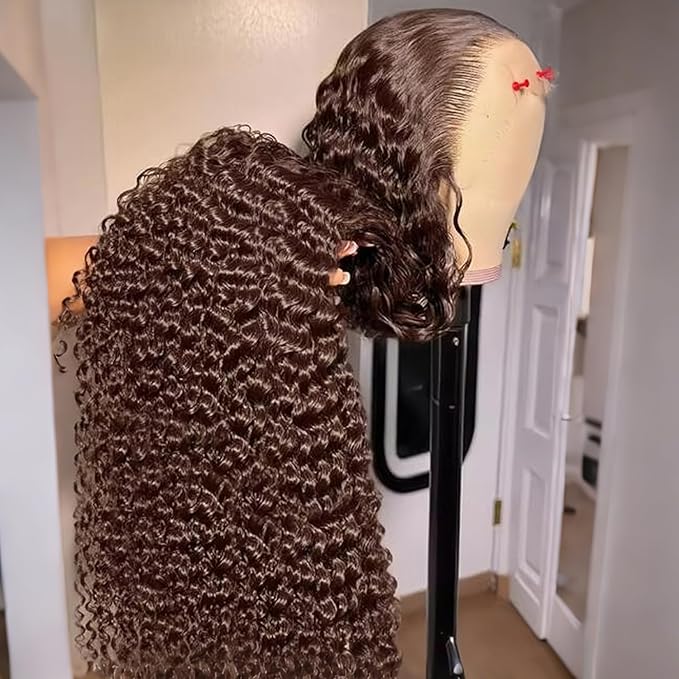 250% Density 13x6 FULL SKINLIKE HD Chocolate Brown Deep Curly lace front wigs Pre Plucked Real 0.10mm Ultra-thin Invisible Water Wave HD Lace Front Wigs Human Hair Small Knots Full Virgin Hair 26 Inch