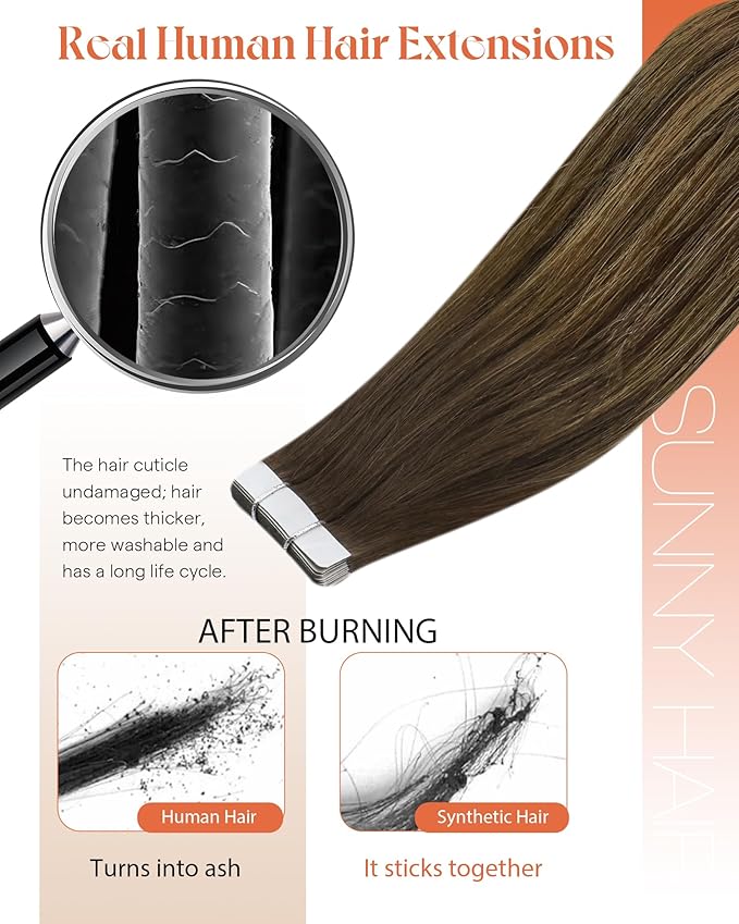 Sunny Hair Tape in Hair Extensions Real Human Hair Invisible Remy Hair Extensions Tape ins for Women Dark Brown Root to Caramel Blonde Balayage 18 inch 20Pcs 50G