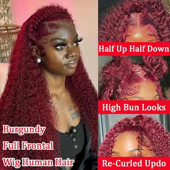 22 Inch Burgundy Lace Front Wigs Human Hair 13x6 Deep Wave HD Lace Front Burgundy Curly Frontal Wigs Human Hair Pre Plucked 200 Density