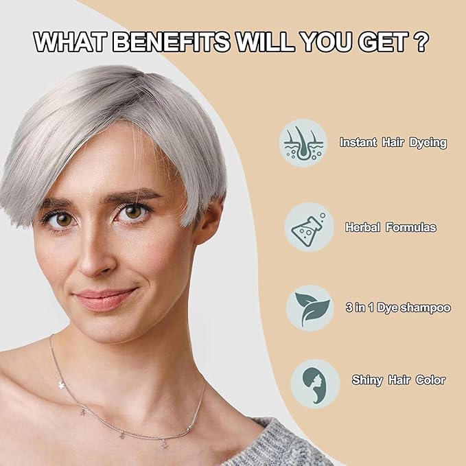 Silver Gray Hair Dye Shampoo 3 in 1, Silver Gray Hair Color Shampoo for Women and Men, Long Lasting Champu Para Canas, Champu Para Pintar el Cabello, Grey Hair Dye Works in Minutes