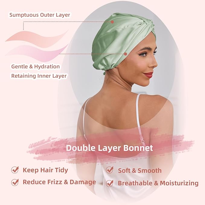 Adjustable Silk Satin Hair Bonnet for Sleeping Women, Double Layer, Silk Hair Wrap for Sleeping Women Men, Curly Natural Braid Straight Unisex - Green