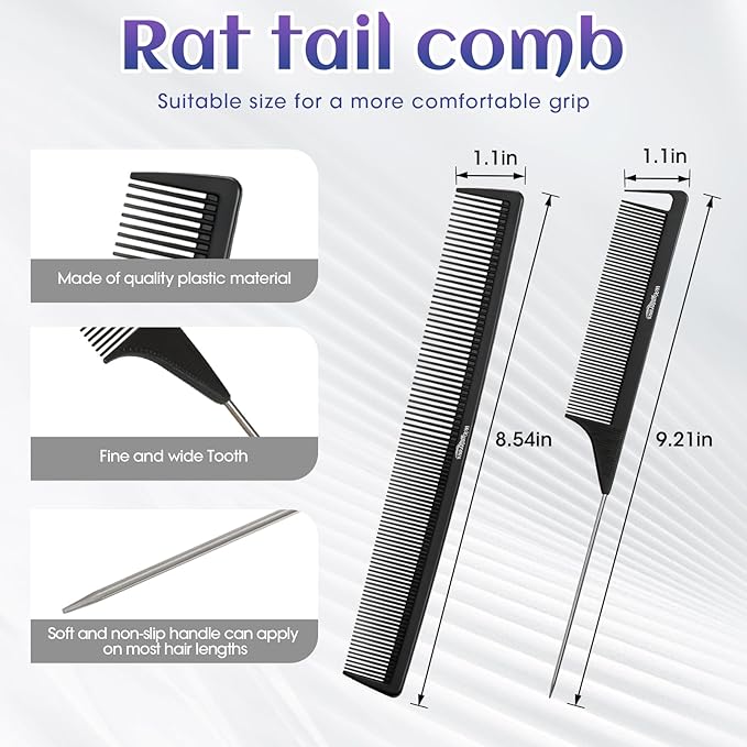 2Pcs Combs for Women and Men，Professional Black Carbon Fiber Teasing Comb，Combs for Hair Stylist, Fine and Wide Tooth Styling Comb for All Hair Types（Style 1）