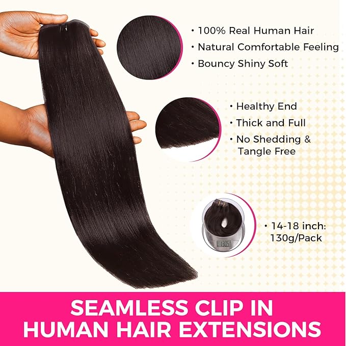 Lashey Seamless Clip in Hair Extensions Human Hair 130g 9pcs #2 Dark Brown 16 Inch Light Yaki Straight Clip in Hair Extensions Real Human Hair with Flat PU Invisi Edge Full Pack