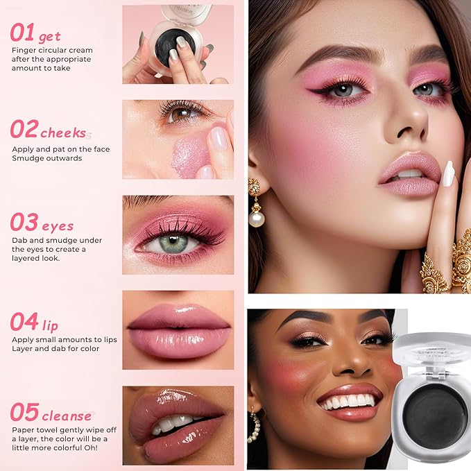 Cream Blush Makeup, Natural Pink/Black Glossy Face Blusher, Color Changing Cream Blush for Cheek and Lip Tint, Blendable Formula, Matte and Dewy Finish Lightweight Blush Makeup (Pink Glitter, One)