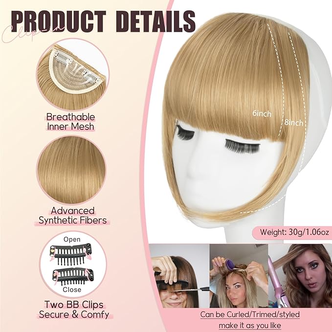 Clip in Bangs, Synthetic French Bangs Hair Clip, Blonde Mix Light Blonde Fake Bangs Fringe with Temples Hairpieces for Women Natural Curved Hair Extensions for Daily Wear