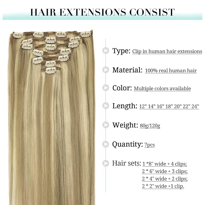 DOORES Hair Extensions Real Human Hair, Light Blonde Highlighted Golden Blonde 12 Inch 80g 7pcs, Remy Hair Extensions Clip in Human Hair Extensions Human Hair Natural Silky Straight