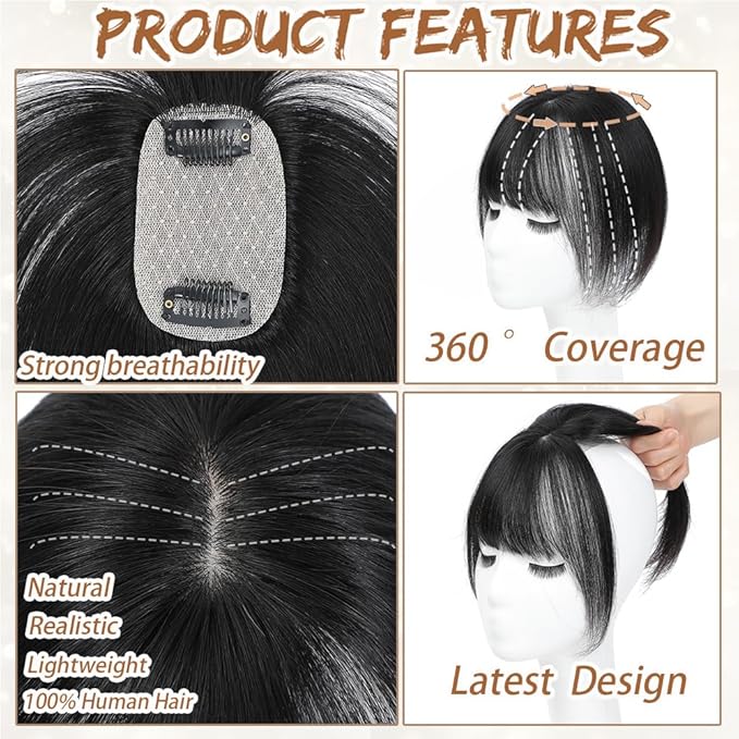 Amchoice Hair Toppers for Women Real Human Hair, Bangs Hair Clip 360° 3D Cover Bangs, Human Hair Toppers for Women Daily(Black, 3D French Bangss (5 * 9))