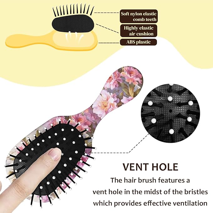 Mini Hair Brush,Cute Detangling Travel Hair Brush,Soft Bristles for Effortless Tangle Removal,Detangler Hairbrush for Women Men Boys Girls Kids Wet Dry All Hair Types (Pink Flowers, Mini)