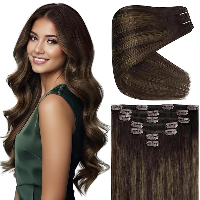 Ve Sunny Clip in Human Hair Extensions, Real Hair Extensions Clip in Human Hair, Human Hair Extensions Clip ins Dark Brown Ombre Medium Brown Balayage Hair Extensions 5pcs 80g 12inch