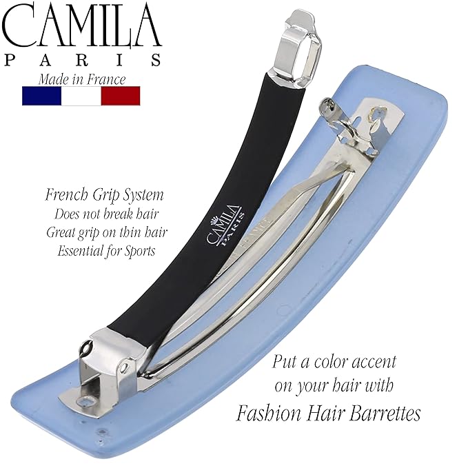 Camila Paris CP3444 French Hair Barrette Clip for Girls, Blue, Rubberized Automatic Clasp Strong Hold Grip Hair Clips for Women, No Slip and Durable Styling Girls Hair Accessories, Made in France