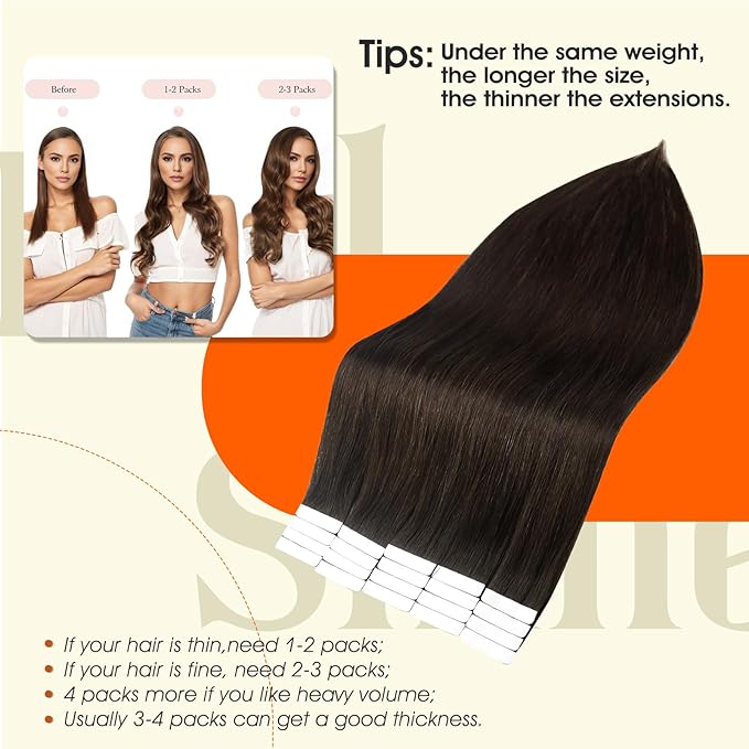Full Shine Tape in Human Hair Extensions 14Inch Seamless Skin Weft Adhesive Tape Hair Extensions Real Human Hair Color 2 Dark Brown Glue in Remy Human Hair Extension 20Pcs 50g Thick End for Women