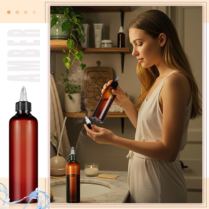 Barydat 50 Pcs 8 oz Squeeze Bottle Twist Top Applicator Bottles Empty Hair Oil Bottle with Funnels Refillable Amber Plastic Bottles for Liquid Hair Oil Shampoo Lotion