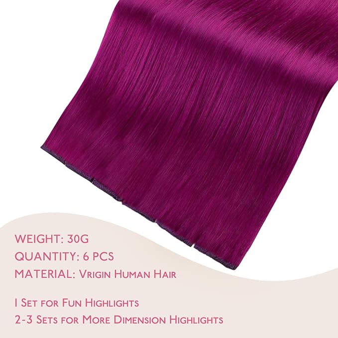 WENNALIFE Violet Clip in Hair Extensions Real Human Hair 35g 6pcs 14 Inch Colored Hair Extensions for Kids Women Colorful Hair Pieces Pop-up Style Straight Extensiones De Cabello Humano Con Clip