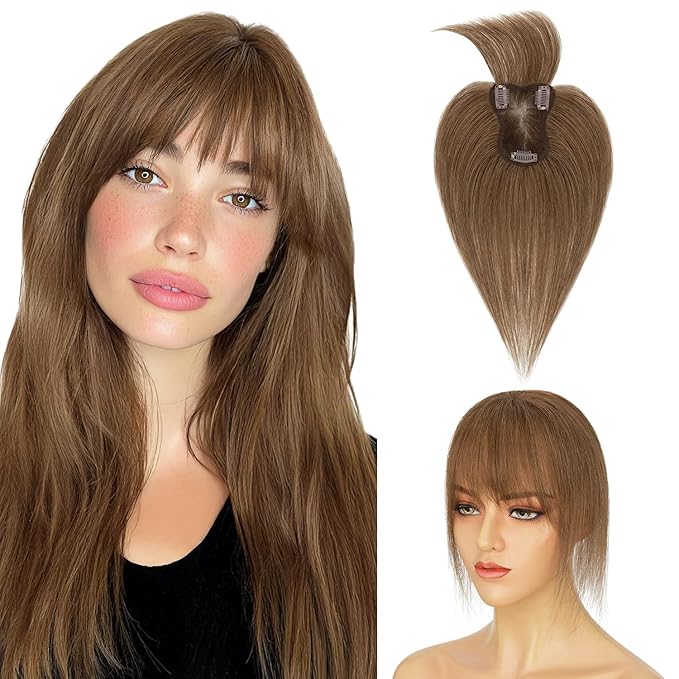 Human Hair Topper with Bangs for Women, 360° Cover Clip in Fringe Bangs Hair Toppers Hair Piece Medium Brown-3.15x4.33 Hand-tied Base (Medium Brown)