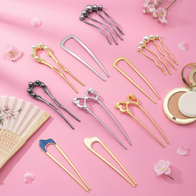 10 PCS French Hair Pins for Women, Lightweight French Twist Hair Pins U-Shaped Pearl French Pins, Bun and Updo Hair Styling Pins Metal Hair Fork Hair Accessories