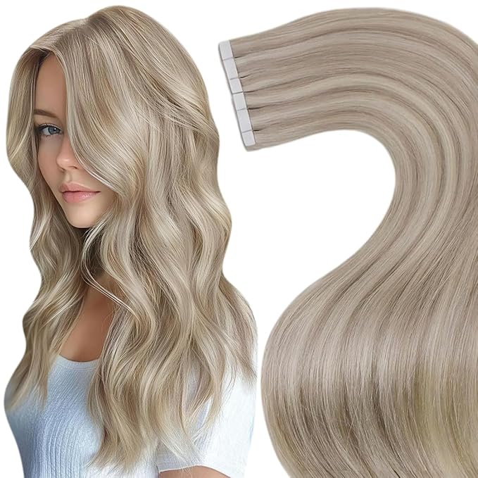 LaaVoo Tape in Hair Extensions Human Hair Blonde Tape in Extensions Seamless Straight Tapes on Human Hair Extension Ash Blonde Highlights with Bleach Blonde 20pcs 30g 12inch