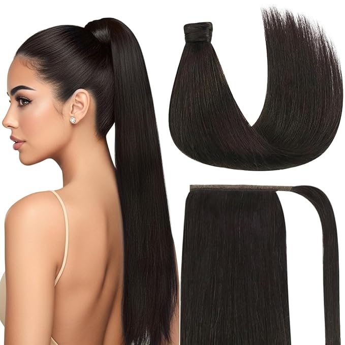 Ve Sunny Hair Extensions Ponytail Real Human Hair Wrap Around Clip in Ponytail Hair Extensions Straight Extensions Human Hair for Women Brunette Dark Brown 18inch 80G