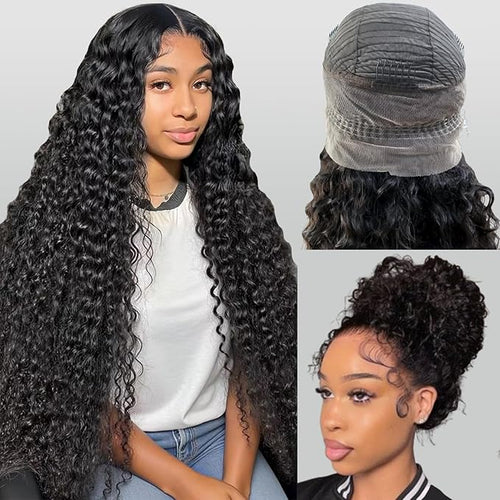 360 Glueless Drawstring Wig Human Hair 28 Inch Pre Plucked Hidden Strap 360 Water Wave Lace Front Wigs,180% Density Curly Wet and Wavy HD Full 360 Lace Frontal Human Hair Wig