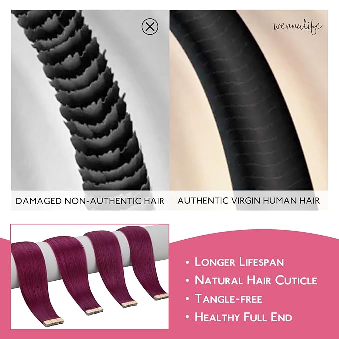 WENNALIFE Tape in Hair Extensions Human Hair Light Burgundy Tape in Extensions, 10pcs 30g 26 inch Remy Invisible Tape Ins Straight Colored Soft Real Human Hair Tape in Extensions Refill Set Extensions