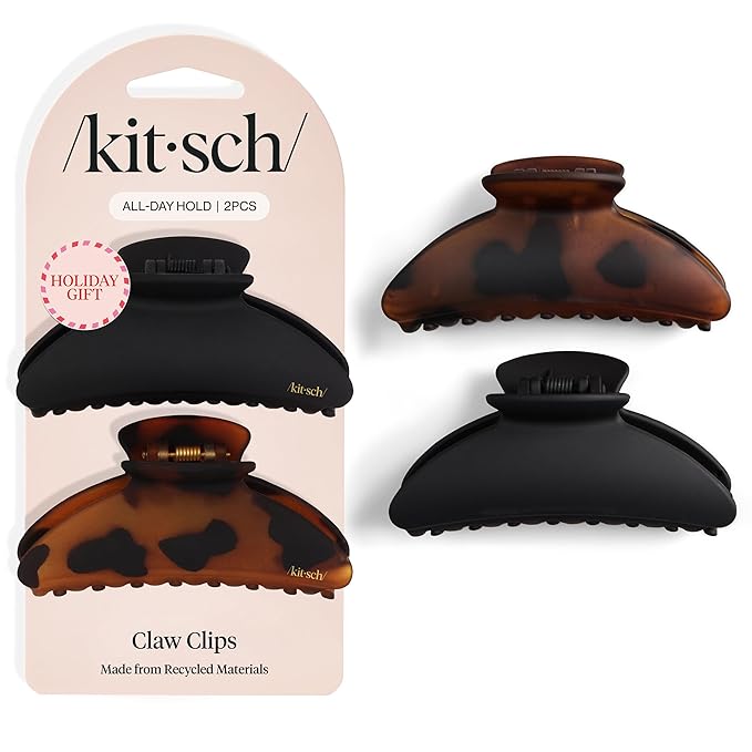 Kitsch Medium Hair Clips for Women, Strong Hold, Recycled Plastic Claw Clips for Thick Hair | Great for Updo, Half Up Hairstyle | Ideal Gifts for Women - 2pcs, Black and Tort