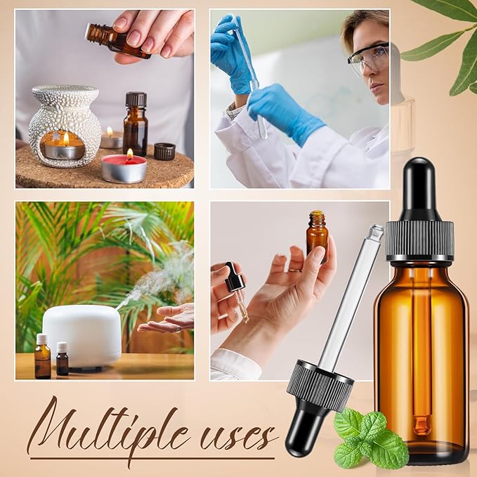 Lallisa 100 Pack Essential Oil Dropper Bottle 30 ml (1 oz) Glass Dropper Bottles DIY for DIY Essential Oil Perfume with 5 Funnels 5 Pipettes 3ml 100 Labels for Bathrooms, Hotels, Labs (Amber)