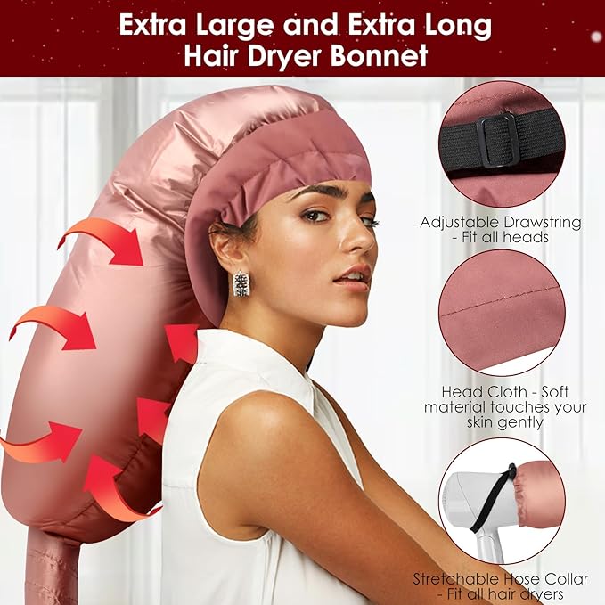 Hair Dryer Bonnet Attachment: Upgraded Extra Large Hooded Dryer Adjustable Hair Dryer Caps - Easy to Use for Natural Curly Textured Hair Care Styling Fast Drying - Rose Gold