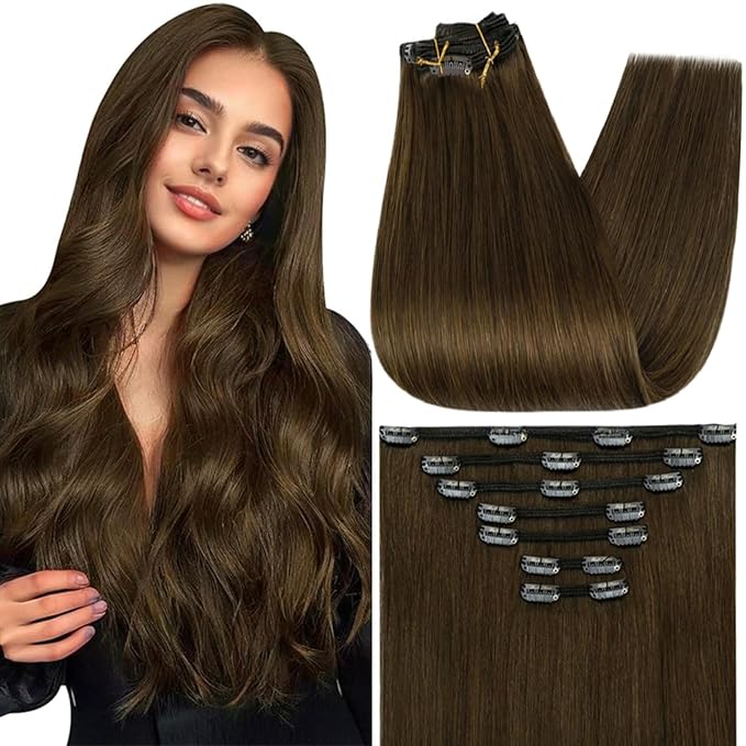 Full Shine Clip in Hair Extensions Brown Human Hair Extensions Clip ins Medium Brown Straight Brazilian Hair Extension for Thin Hair 20 Inch 7 Pcs 120 G