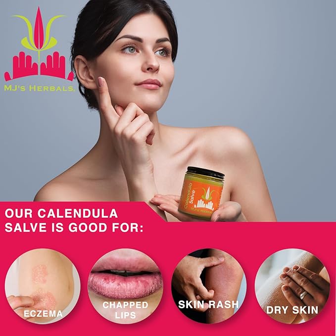 MJ's Herbals Calendula Salve - Skin Soothing Balm, Eczema Cream, Diaper Rash, Scars, Bug Bites, Made w/Calendula Blossoms & Propolis Beeswax (1 oz)
