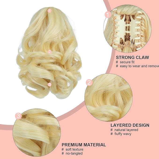Ponytail Extension, Clip on Ponytails for Women, 9" Claw Clip in Short Curly Wavy Pony Hair Extension for Women - Bleach Blonde