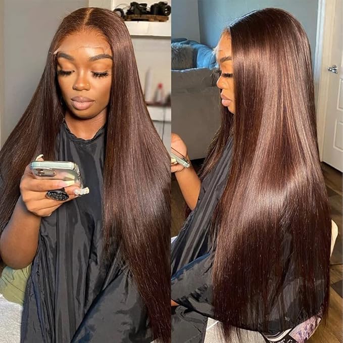 Hermosa 13x4 Chocolate Brown Lace Front Wigs Human Hair 180% Density Straight Chocolate Lace Frontal Human Hair Wig Pre Plucked Hairline 4# Brown Wig 16 Inch
