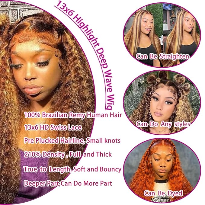 Highlight 13x6 Deep Wave Lace Front Wigs Human Hair 4/27 Ombre Curly HD Transparent Lace Frontal Wig Pre Plucked Glueless Wig human hair 210% Density Wet and Wavy Curly Wigs 18 Inch