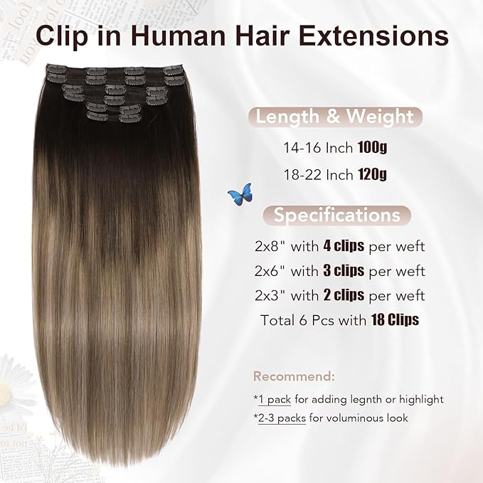 XDhair Clip in Hair Extensions Human Hair, 20 Inch 120g Balayage Color Brown to Dirty Blonde Clip in Hair Extensions Soft Natural Remy Hair 6 Pcs 20inch #2/6/18