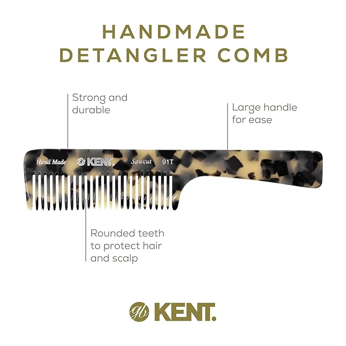 Kent 91T TW Detangler Comb for Women, Wide Tooth Hair Comb for Curly and Wavy Hair - for use in Dry or Wet Hair, Large Handle Shower Comb for Effective Detangling, Handmade Sawcut and Polished