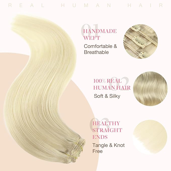 GOO GOO Clip in Hair Extensions Real Human Hair, Remy Human Hair Extensions Clip ins for Women, Natural Human Hair, 18inch 120g 7Pcs, Ash Blonde to Platinum Blonde