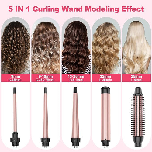 5 in 1 Curling Wand Set with Thermal Brush & Ceramic Barrels (0.35"-1.25"), Instant Heat Up, Dual Voltage Hair Curler, Perfect for Long Short Hair, and All Hair Types, Gift for Women