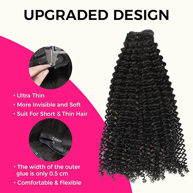 Lashey Seamless Clip in Hair Extensions Human Hair 110g 7pcs Kinky Curly Clip in Hair Extensions Real Human Hair with Soft PU Skin Weft for Women 22 Inch Natural Black