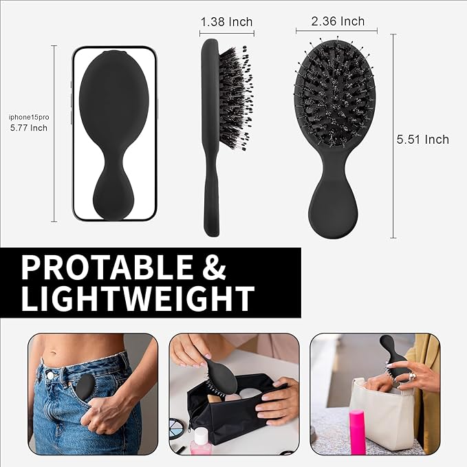 Mini Boar Bristles Hair Bursh, Travel Size Hair Brush for Women Men Kids, Protable Small Hair Brushes for Pockets Purses, Mini Hair Brush for Smooth Add Shine (1 Pack-Black)